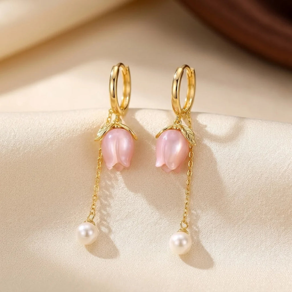 Gold Floral Pearl Drop Earrings