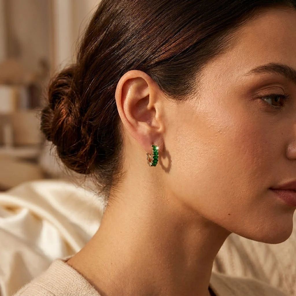 Gold Emerald Chunky Hoop Earrings
